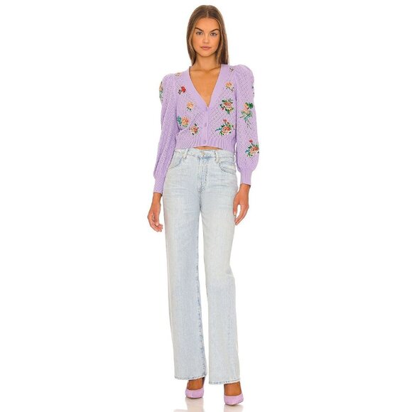 Alice + Olivia Morita Lavender Multi Floral Puff Sleeve Cardigan XS - Picture 6 of 15